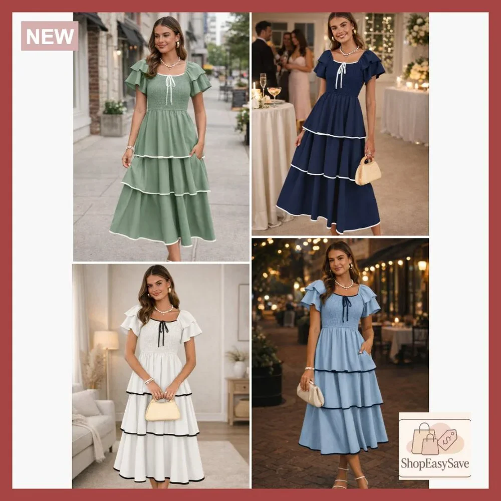 Boho Maxi Dress Smocked Tiered Square Neck Ruffle Casual Wedding Guest - Picture 7 of 7
